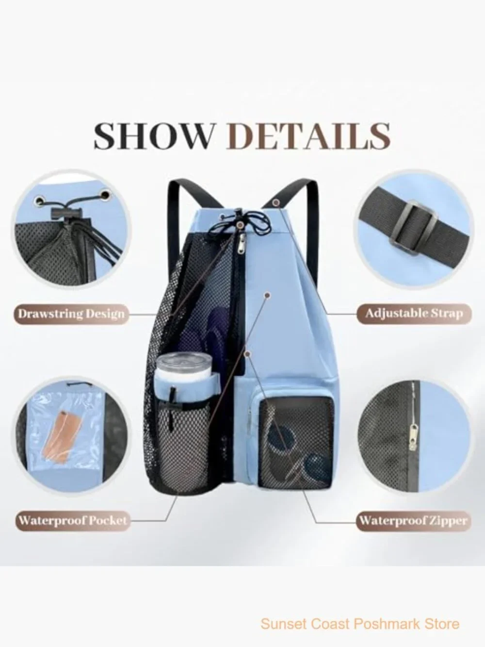 Waterproof Mesh Beach Backpack with Wet Pocket Drawstring Sport Bag